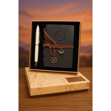 Wolawood Vintage Deri Kapaklı Pusula Tasarımlı Kraft Eskitme Sayfa Spiralli Çizgisiz Defter & Touchpen Tükenmez Kalem Özel Kutulu Hediyelik Set