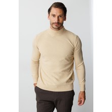 İGS Bej Standart Fit Dar Kalıp Yarım Balıkçı Düz Uzun Kollu  Triko