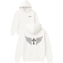 Vsrn Haçlı Kanat Tasarım Baskılı Oversize Beyaz Kapüşonlu Sweatshirt