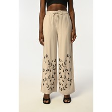 Orfeonegro Kadın Beli Lastikli Bol Paça Yaprak Taş Işlemeli Pantolon