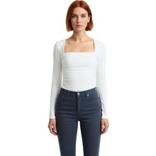 Ersefa Stil Kadın Büzgü Drape Detaylı Vücuda Oturan Bluz Regular Örme Slim Kalıp