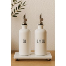 Mermer Stantlı 2'li Beyaz Gümüş Başlıklı Cam Yağdanlık Seti | Oil-Olive Oil-Vinegar-Sauce 500 ml
