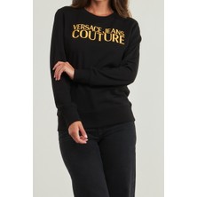 Versace Kadın Regular Fit Altın Rengi Nakışlı Yazı Logolu Bisiklet Yaka Sweatshirt - Siyah
