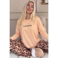 Karamel Wild Beauty Desenli Uzun Kollu Bambu Örme Kadın Pijama Takımı