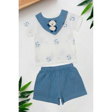 Dinamik çocuk Panda Yaka Nakışlı Raporlu Müslin 2li Takım Unisex Kız Erkek Bebek Yazlık Alt Üst Aylık