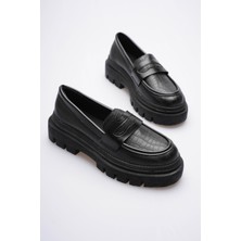 Mubiano Kadın Deri Loafer Oxford Krokodil Desenli Siyah Kalın Comfort Tabanlı Termo Taban