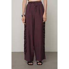 Orfeonegro Kadın Şerit Gül ve Taş Detaylı Düz Renk Beli Lastikli Bol Paça Pantolon