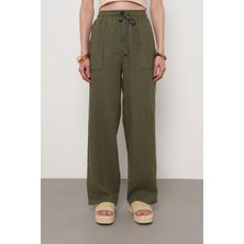 Orfeonegro Kadın %100 Keten Cep Detaylı Bol Paça Pantolon