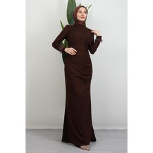 Giza Store Kolu Tüylü Pile Detay Elbise Kahve