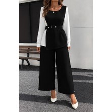 Arben Boutique Kadın Uzun Kollu Açık Yakalı Çift Renkli Kemerli Ithal Krep Ikili Takım