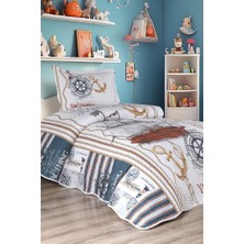 Çeyiz Diyarı Gemici Baskılı Kapitoneli Tek Kişilik Yatak Örtüsü Mavi