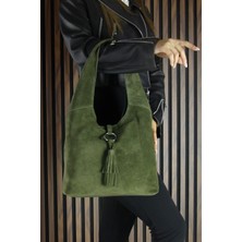 Erkan Saçmacı Haki Hakiki Dana Süet Püsküllü Manyetik Kapaklı Orta Boy Günlük Omuz Çantası