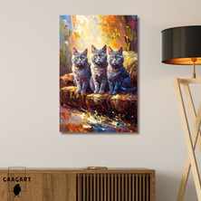 Gaagart Tekli Dikey Kanvas Tablo Yağlı Boya Görünümlü Koltukta Oturan Gri Kediler