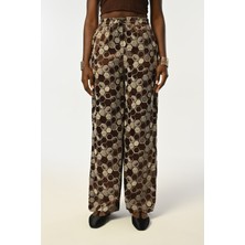 Orfeonegro Kadın Beli Lastikli Bol Paça Petek Desenli Kahverengi Pantolon