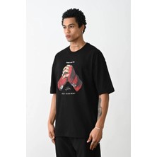 Moda Unisex Baskılı Oversize T-Shirt - Siyah