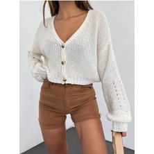 Ribana Classic Kadın Örme Düğme Detaylı Kısa Triko Hırka