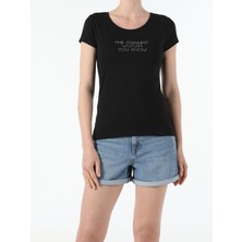 STANDART Slim Fit Bisiklet Yaka Örme Kadın Siyah Kısa Kol Tişört