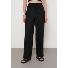 Orfeonegro Kadın %100 Keten Cep Detaylı Bol Paça Pantolon