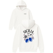 Vsrn Sıcılıa Italy Tasarım Baskılı Oversize Beyaz Kapüşonlu Sweatshirt