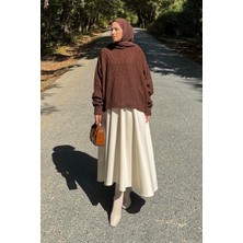 Lamelif Kendinden Desenli Triko Kazak Kahverengi