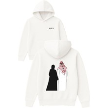 Vsrn Mutlu Aile Tasarım Baskılı Oversize Beyaz Kapüşonlu Sweatshirt