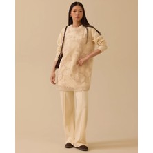 Seçil 10002421211013 Önden Tül Detaylı Sıfır Yaka Kol Ucu Lastikli Desenli Triko Tunik