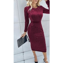 Arben Boutique Kadın Uzun Kollu Bisiklet Yaka Taşlı Midi Kadife Elbise