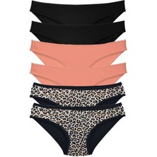 MELENERS 6 Adet Likralı Kadın Slip Külot Leopar Siyah Pudra