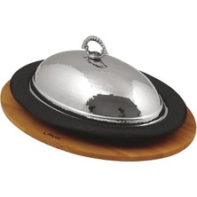 Oval Servis Tepsisi, Dökme Demirden, Kapaklı ve Ahşap Kaplamalı, 32 x 23 cm