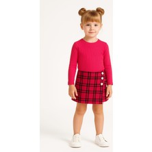 Gigi Giyim Ekose Desenli Düğme Detaylı Şort Etekli Kız Çocuk Takım