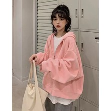 Punix Punıx Büyük Beden Özel Üretim Kapüşonlu Tam Fermuarlı Süper Bol Oversize Kadın Düz Renk Sweatshırt