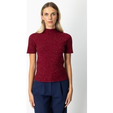On Kadın Dik Yaka Kısa Kollu Triko Kazak 69302 Bordo