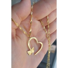 Özgür Takı 925 Ayar Gümüş 24 Ayar Altın Kaplama Kelebekli Kalp Kolye