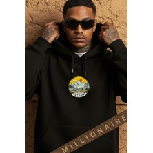 Millionaire Erkek Siyah Adventure 3 Iplik Şardonlu Kapüşonlu Kanguru Cepli Oversize Salaş Hoodie Sweatshirt
