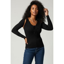 Teenage Millionaire Kadın Taş Kum Bej Üst Kalite Dokuma Uzun Kollu Fitilli Bluz Body