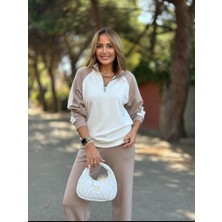 Qimya Butik Şans Life Kadın Reglan Kol Dik Yaka Renk Bloklu Pantolonlu Ikili Takım