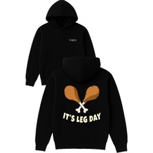 Vsrn Its Leg Day Tasarım Baskılı Oversize Siyah Kapüşonlu Sweatshirt