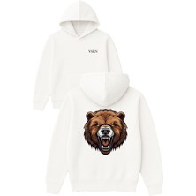 Vsrn Sinirli Ayı Tasarım Baskılı Oversize Beyaz Kapüşonlu Sweatshirt
