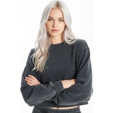 Lupinn Kadın Antrasit Bisiklet Yaka Uzun Kollu Oversize Basic Pamuklu Sweatshirt - Kadın Sweatshirt