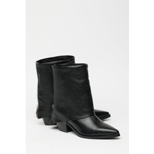 Madamra Siyah Kadın Fermuarlı Sivri Burun Kalın Topuklu Kışlık Bot