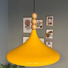 Bamyum 45 cm Çaplı Xl Sarı Ahşap Üç Boncuklu Avize Tekli Sarkıt Restoran Salon Mutfak Avizeleri