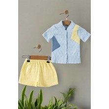 Dinamik çocuk Hakim Yaka Renk Bloklu Müslin Şortlu Tarz Alt Üst 2li Erkek Bebek Takım Pamuk+Müslin 6-9-12-18-24AY