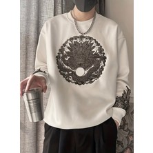 Amor Man Büyük Beden Özel Tasarım Eskitme Varak Dragon Baskılı %100 Pamuk Şık Erkek Sweatshırt