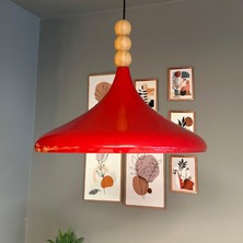Bamyum 45 cm Çaplı Xl Kırmızı Ahşap Üç Boncuklu Avize Tekli Sarkıt Restoran Salon Mutfak Avizeleri