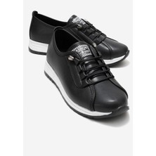 Ccway Yumuşak Tabanlı Lastik Bağcıklı Kadın Ayakkabı Siyah Cilt