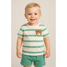Dinamik çocuk Erkek Bebek Çizgili Ayıcık Nakışlı 2li Yazlık Takım Alt Üst 6-9-12AYLIK