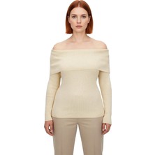 Ersefa Kadın Simli Fitilli Triko Bluz Carmen Yaka Omzu Açık Regular Boy Uzun Kollu Casual Tarz