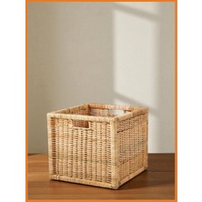 Alony Home Sepet Hasır Rattan El Dokuma Kulplu Doğal Malzeme Eşya Kitap Oyuncak Saklama Kutusu 32X34X32 cm Kahverengi