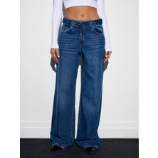 Dilvin 72076 %100 Pamuk Kemerli Wide Leg Jean-Mavi