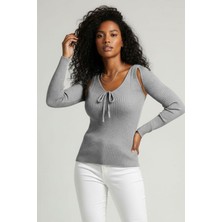 Teenage Millionaire Kadın Gri Üst Kalite Dokuma Uzun Kollu Fitilli Bluz Body